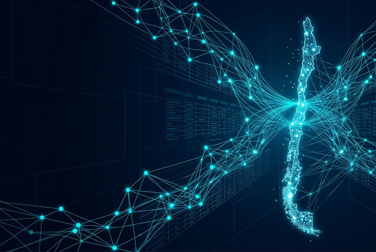 Red de datos conectada a un mapa de Chile para inteligencia artificial